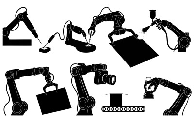 Silhouette of robotic arms performing various industrial tasks isolated on white background