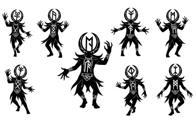 Silhouette of runic mystical figures in various poses isolated on white background