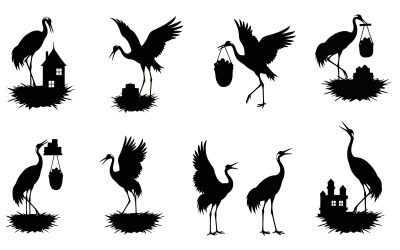 Silhouette of storks building homes and nests with various items isolated on white background