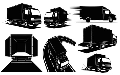 Silhouette of various delivery trucks and cargo vans for logistics and isolated on white background