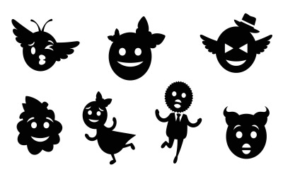 Silhouette of various expressive and whimsical cartoon characters isolated on white background