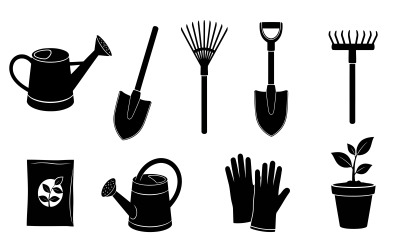 Silhouette of various gardening tools and potted plant isolated on white background
