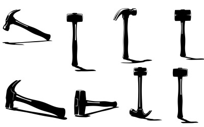Silhouette of various hammers, including claw and sledge types isolated on white background