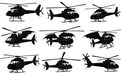 Silhouette of various helicopters, some with bat wings, digital isolated on white background