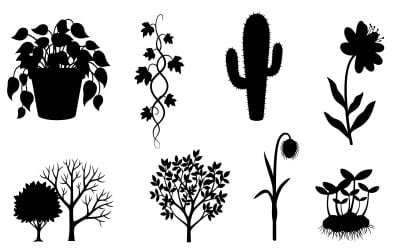 Silhouette of various plants and trees in a flat design style isolated on white background