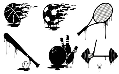 Silhouette of various sports equipment with dripping black ink effect, isolated on white background