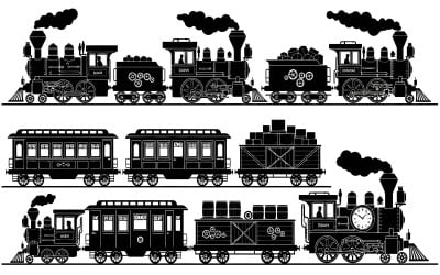 Silhouette of vintage steam trains and railway carriages isolated on white background