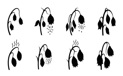 Silhouette of wilting plants with water drops and steam isolated on white background