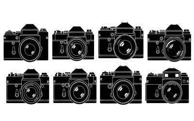 Silueta de colección de cámaras vintage, equipo de fotografía retro aislado sobre fondo blanco.