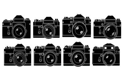 Sziluettjét vintage kameragyűjtemény, retro fotófelszerelések elszigetelt fehér háttér
