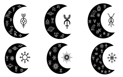 Vector illustration of black crescent moons with mystical symbols, isolated on white background