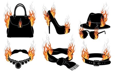 Vector illustration of fashionable accessories engulfed in flames, isolated on white background