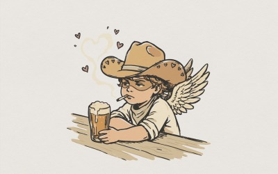 Cowboy Angel with Beer PNG, Funny Country Western Art, Cute Retro Bar Design, Smoking Cherub