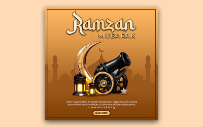Elegant Ramzan Mubarak Social Media Template | Crescent, Cannon &amp;amp; Lanterns Theme
