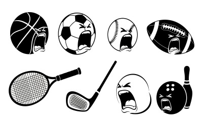 Angry sports equipment and balls vector illustration set isolated on white background