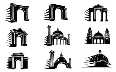 Black and white vector illustration of various architectural landmarks isolated on white background
