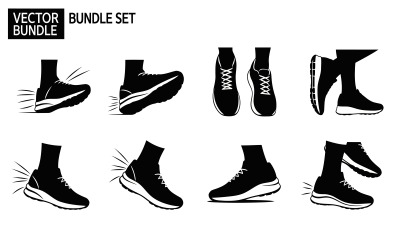 Black athletic shoes vector bundle set in motion isolated on white background