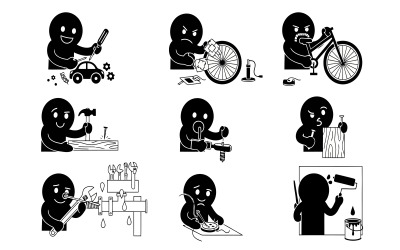 Black silhouette character performing various DIY tasks and activities isolated on white background