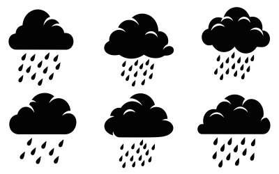 Black silhouette clouds with rain vector icons set isolated on white background