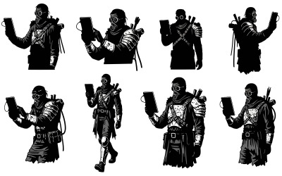 Black silhouette illustration of eight post-apocalyptic survivors isolated on white background