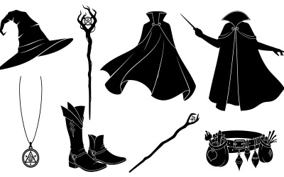Black silhouette of magical items and witch clothing isolated on white background