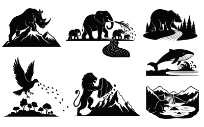 Black silhouette of various animals in natural habitats vector isolated on white background