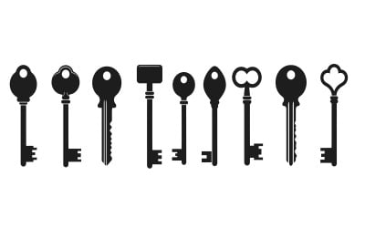 Black silhouette of various keys on , vector illustration isolated on white background