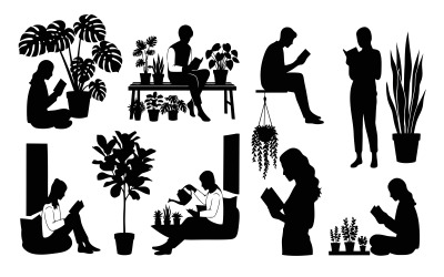 Black silhouette people reading near plants vector illustration isolated on white background