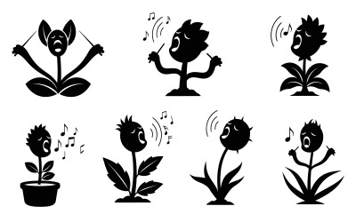 Black silhouette plants singing dancing musical notes vector isolated on white background