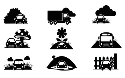 Black silhouette vector illustration of cars in various outdoor isolated on white background
