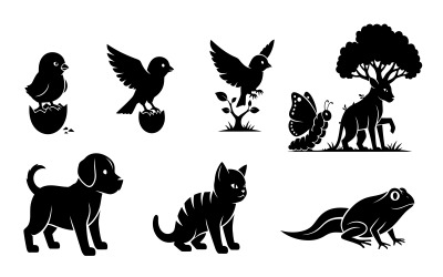 Black silhouette vector illustration of various animals and insects isolated on white background
