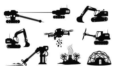 Black silhouettes of construction vehicles and industrial equipment isolated on white background