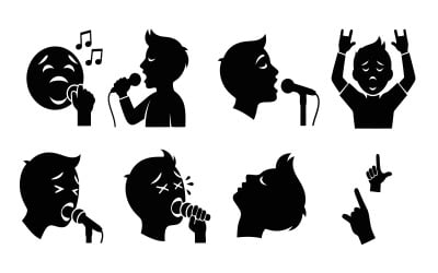 Black silhouettes of people singing with microphones in various poses isolated on white background