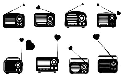 Colección de siluetas de radio vintage negras con corazones, vector aislado sobre fondo blanco