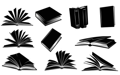 Collection of black book silhouettes in various positions isolated on white background
