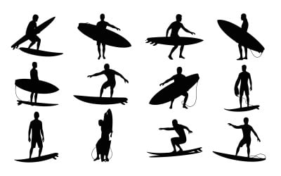Collection of black silhouette surfers in various poses on vector isolated on white background