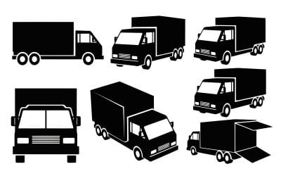 Collection of black silhouettes of various delivery trucks on , vector isolated on white background