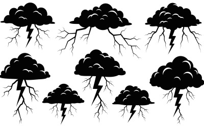 Collection of black storm cloud silhouettes with lightning bolts isolated on white background