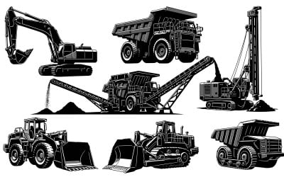 Collection of heavy construction machinery vehicles in black isolated on white background