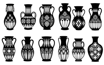 Collection of ornate vase silhouettes in various designs and patterns isolated on white background