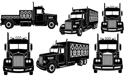 Collection of six black semi-truck silhouettes in various views Vector isolated on white background