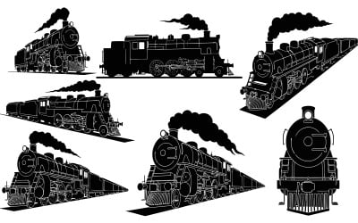 Collection of vintage steam locomotives in black silhouette vector isolated on white background