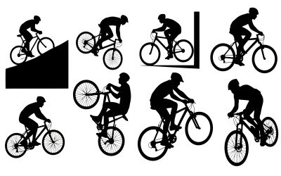 Cycling silhouettes of people riding bicycles in various positions and isolated on white background