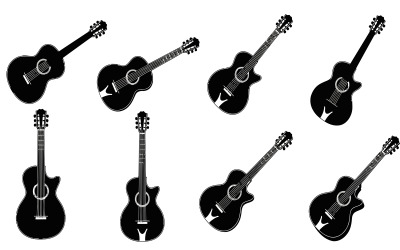 Eight black acoustic guitar silhouettes on vector illustration isolated on white background