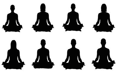 Eight black human silhouettes meditating in lotus position isolated on white background