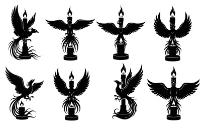 Eight black silhouette eagle designs with candle on vector isolated on white background