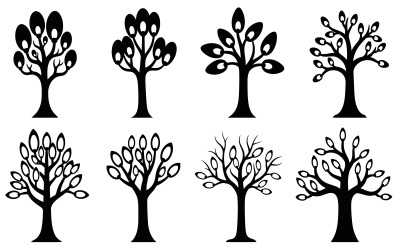 Eight Black Silhouette Tree Icons Vector Illustration isolated on white background