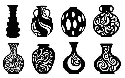 Eight black silhouette vases with ornate designs on a vector isolated on white background