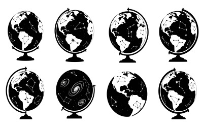 Eight black silhouettes of globes on , various angles and designs isolated on white background