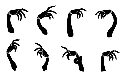Eight black silhouettes of hands with jewelry on vector illustration isolated on white background